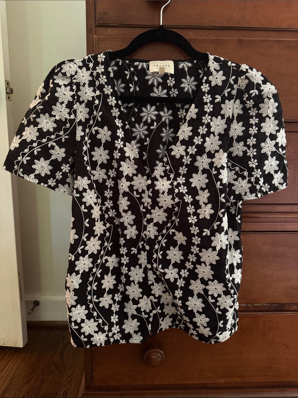 Sezane Black Top with White Floral Embroidery